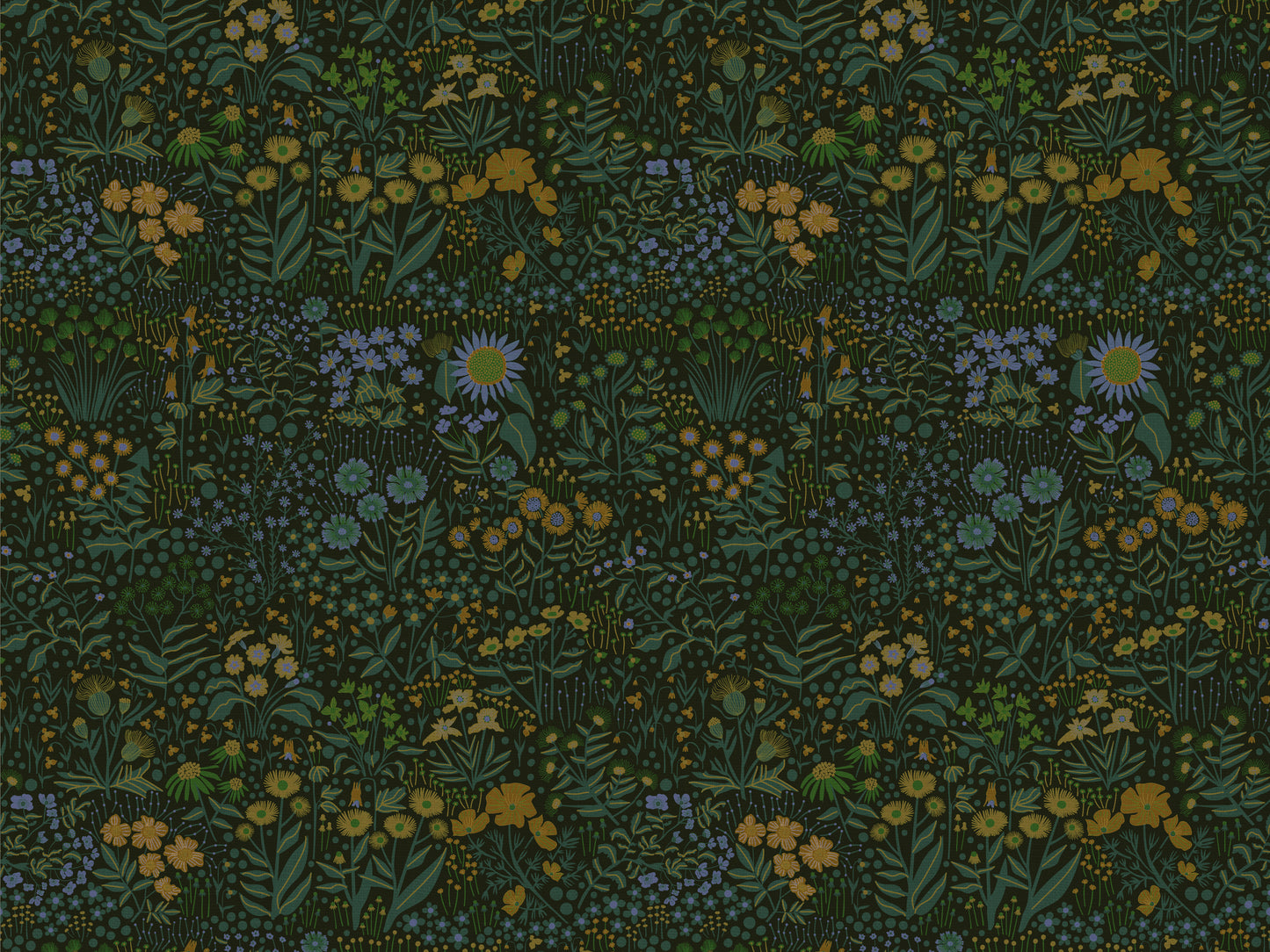 Pattern of various flowers and plants on a dark background