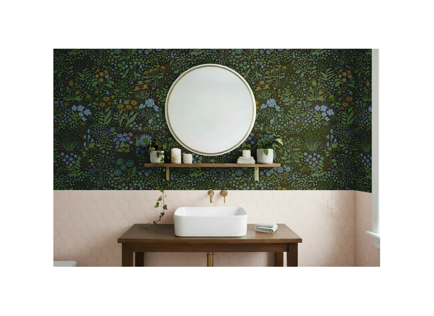 Bathroom with beautiful wildflower wallpaper