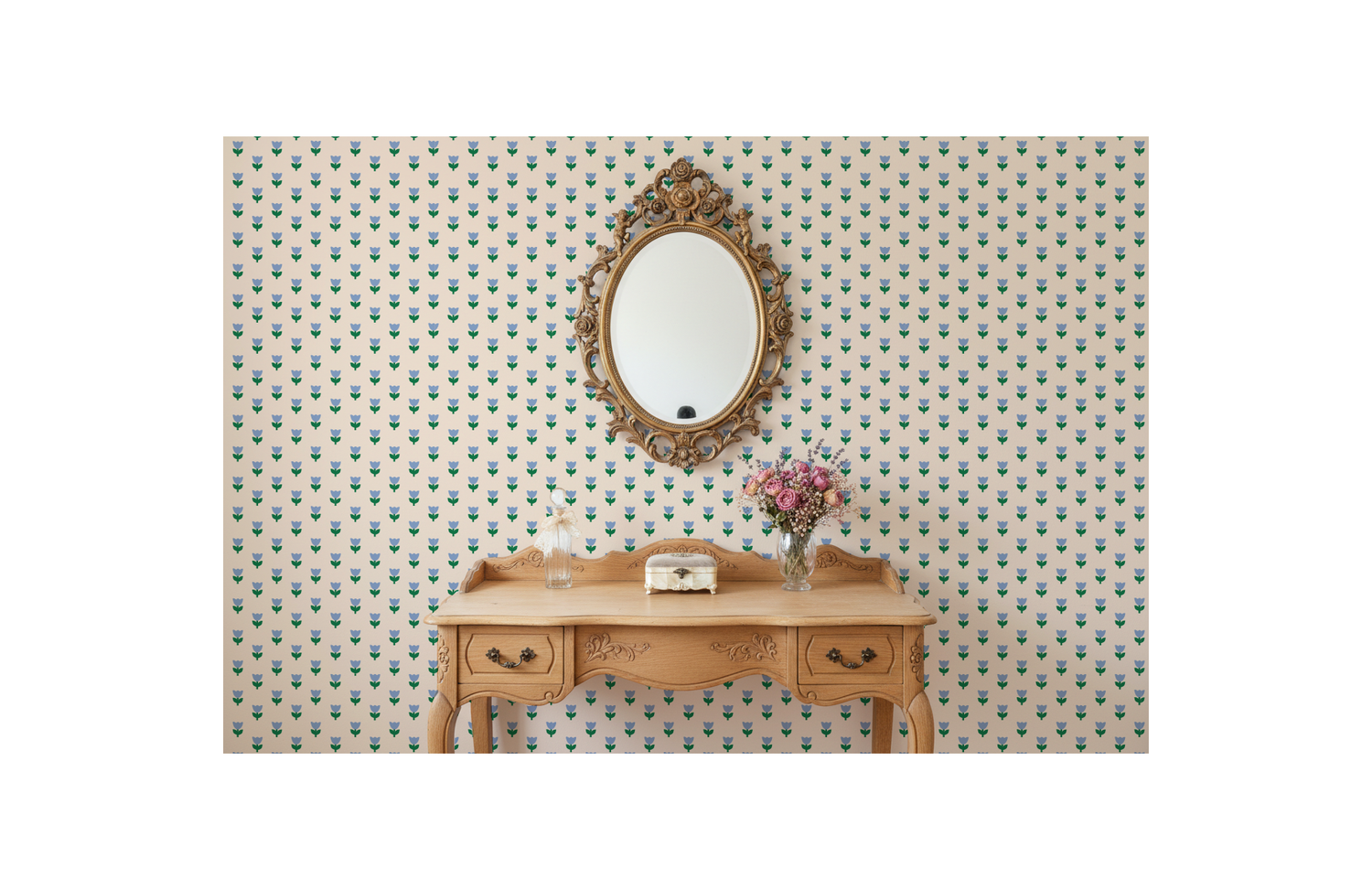 Vanity against wall with simple classic tulip flower wallpaper