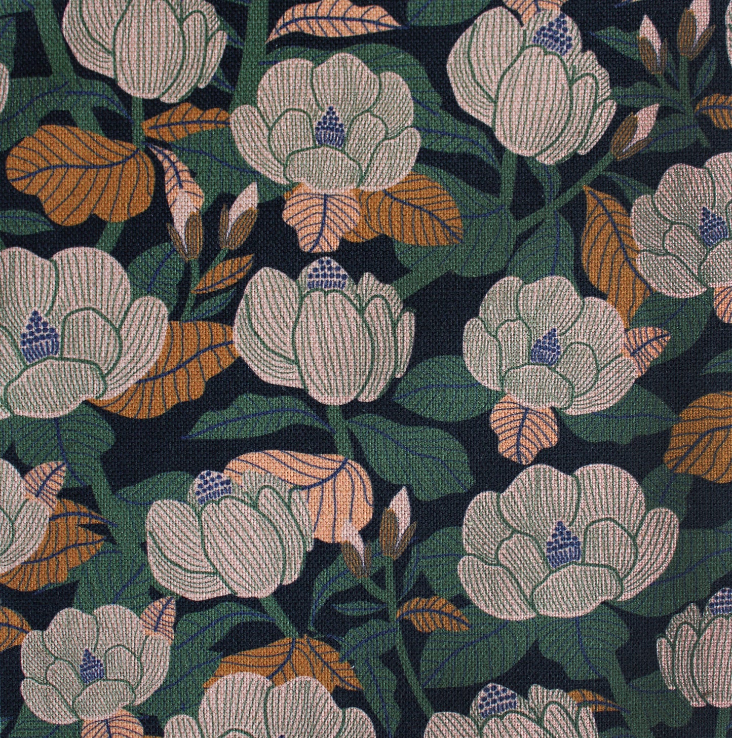 Floral pattern with white flowers and green leaves on a dark background