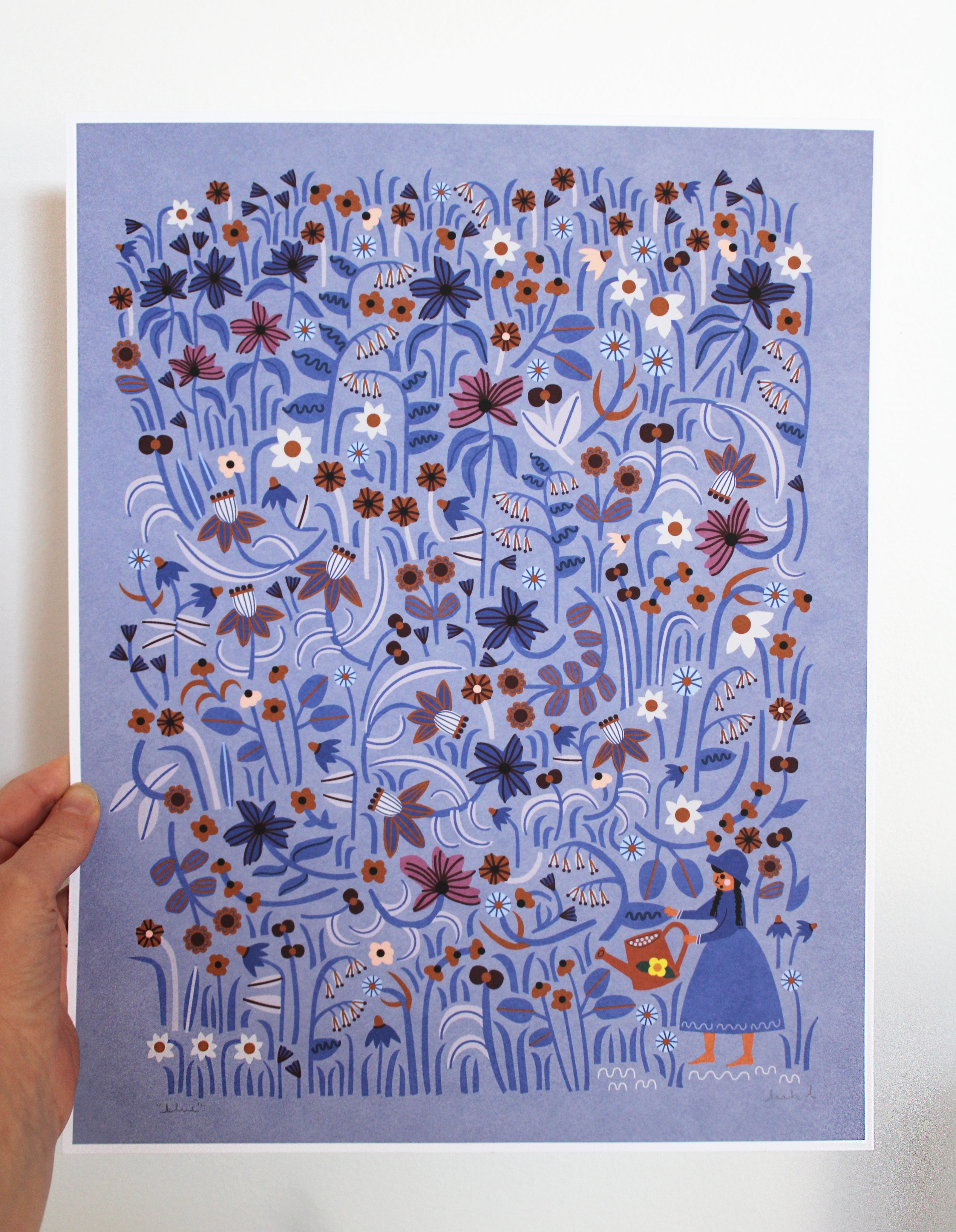 girl watering garden in blue illustration