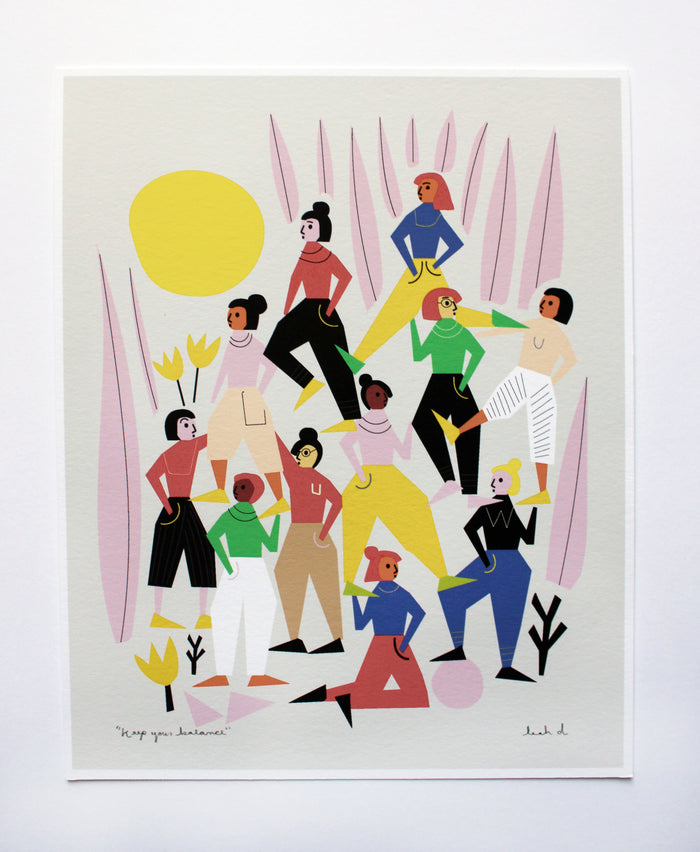 Colorful archival print of diverse women standing confidently in abstract nature scene promoting female empowerment.