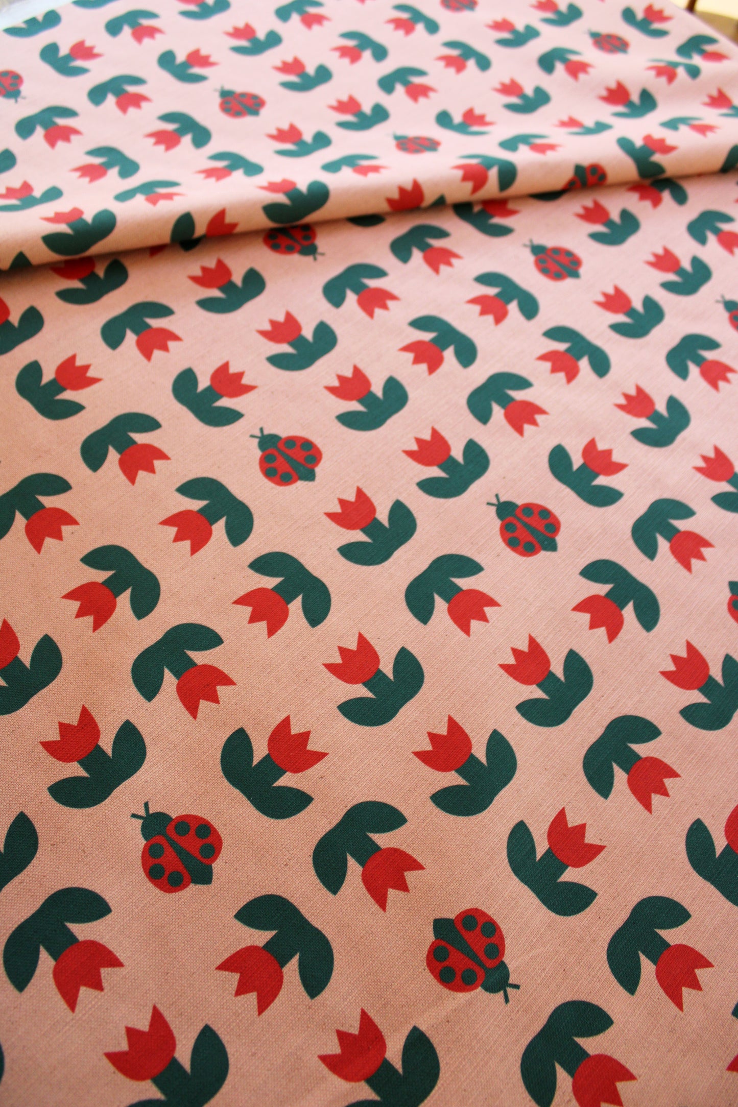 Ladybird Tulip Cotton Linen Fabric Peach