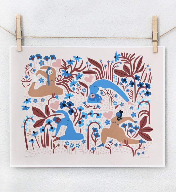 women doing yoga art print with flowers