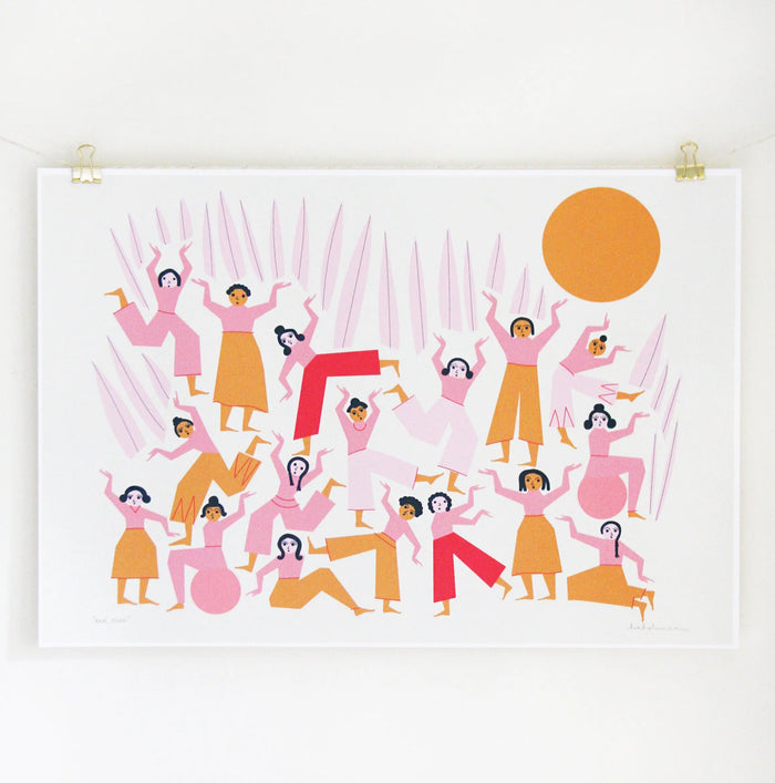 Archival print featuring geometric female figures in pink, red, and ochre celebrating sisterhood and empowerment.