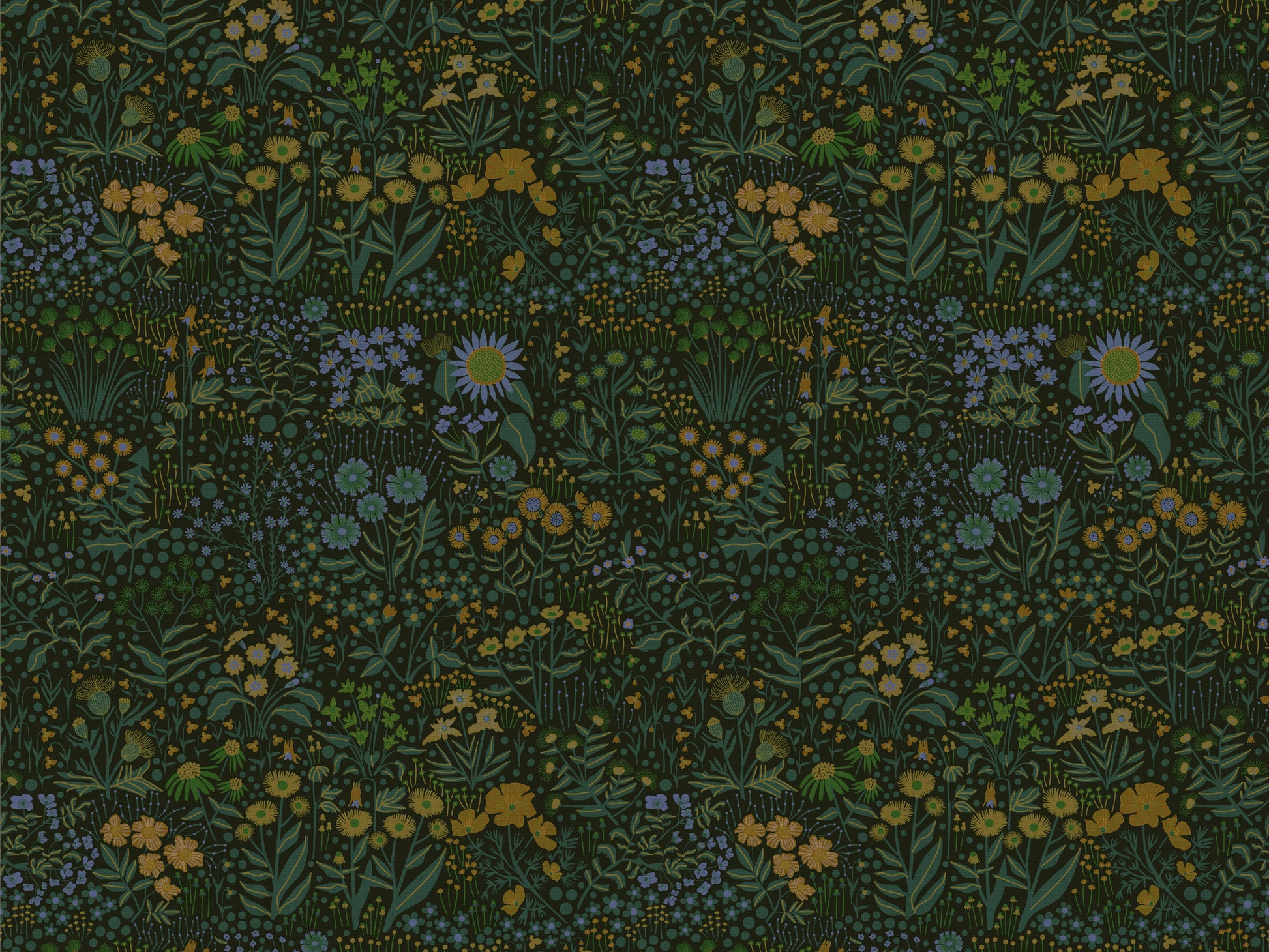 Pattern of various flowers and plants on a dark background