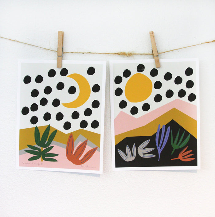 Abstract Marfa print set featuring modern landscape with moon, sun, mountains, plants, and black polka dots on off-white background