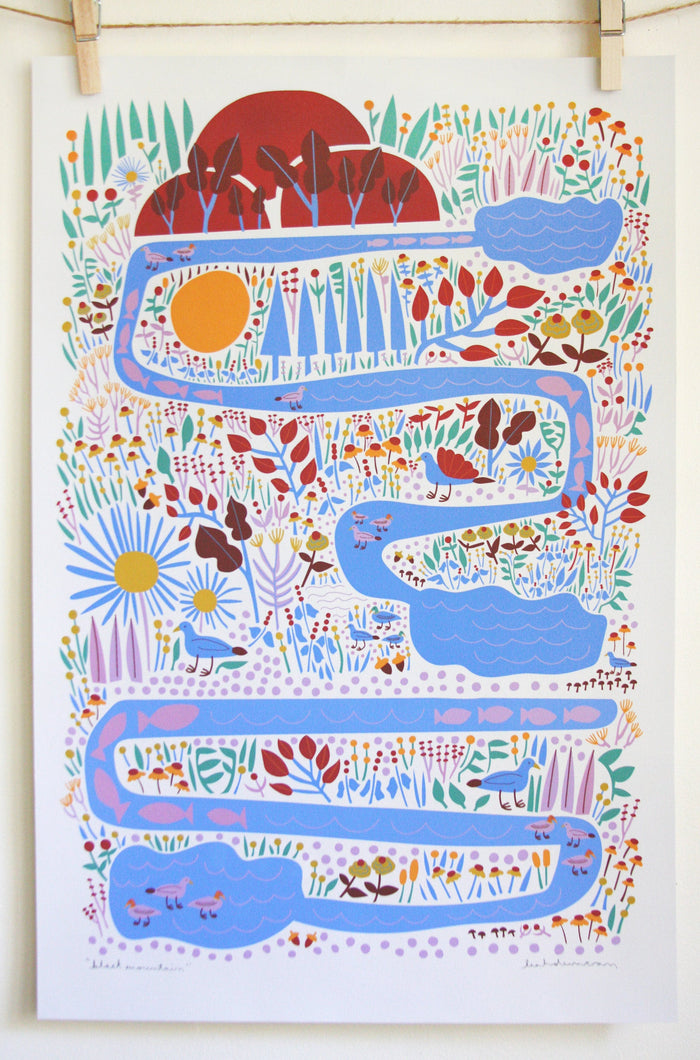 Abstract Black Mountain print with blue rivers, red hills, yellow sun, flowers, ducks, fish, and folk landscape elements on off-white background