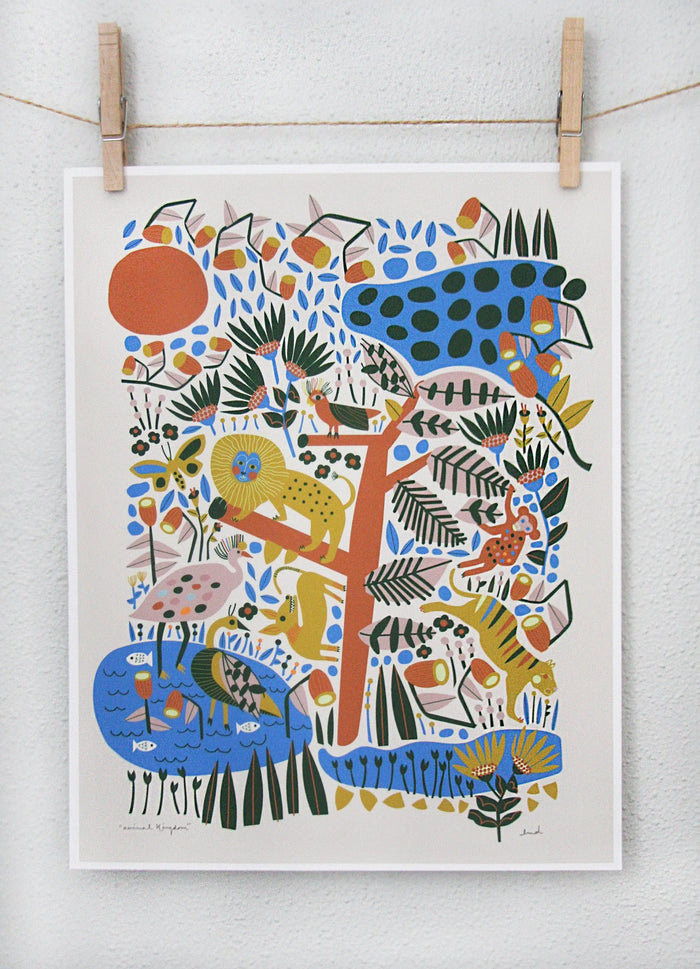 Abstract animal kingdom print with lion, birds, and plants in burnt orange, blue, ochre yellow, and green on beige background.